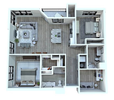 Floor plan for 2 beds, 2 baths, 1329 sqft