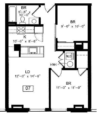 Floor plan for 1 bed, 1 bath, 646 sqft