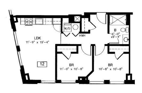 Floor plan for 2 beds, 1 bath, 715 sqft