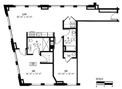 Floor plan for 2 beds, 1 bath, 711 sqft