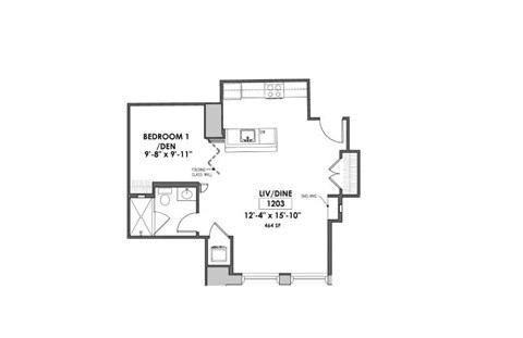 Floor plan for studio, 1 bath, 614 sqft