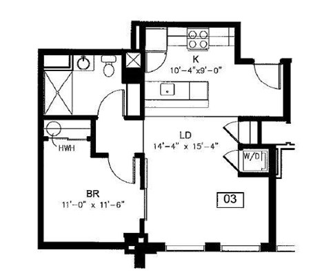 Floor plan for studio, 1 bath, 590 sqft