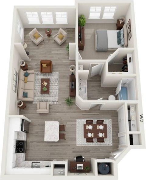 Floor plan for 1 bed, 1 bath, 891 sqft