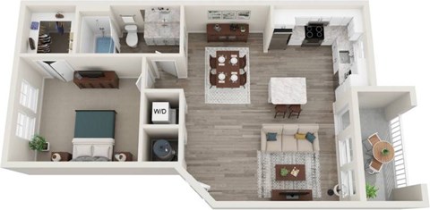Floor plan for 1 bed, 1 bath, 711 sqft
