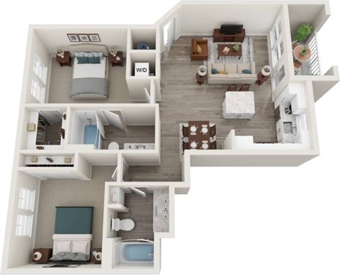 Floor plan for 2 beds, 2 baths, 992 sqft