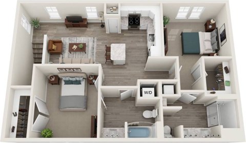 Floor plan for 2 beds, 2 baths, 1074 sqft
