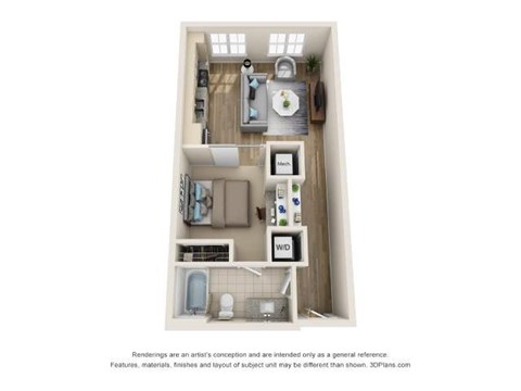 Floor plan for studio, 1 bath, 609 sqft