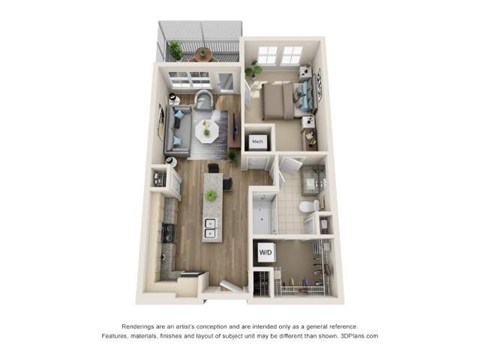 Floor plan for 1 bed, 1 bath, 697 sqft
