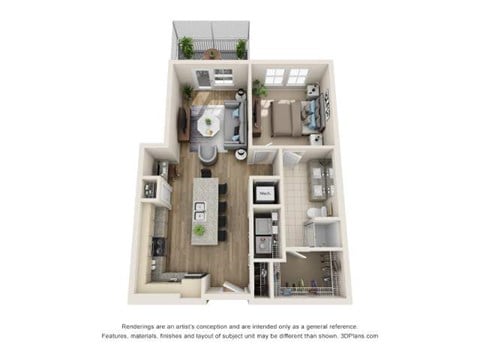 Floor plan for 1 bed, 1 bath, 770 sqft