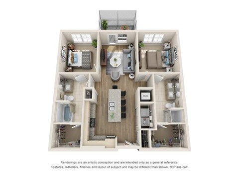 Floor plan for 2 beds, 2 baths, 1040 sqft