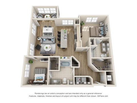 Floor plan for 2 beds, 2 baths, 1312 sqft