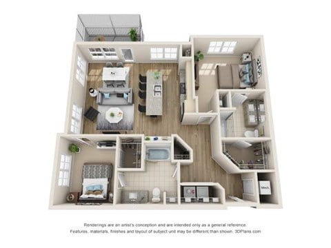 Floor plan for 2 beds, 2 baths, 1221 sqft