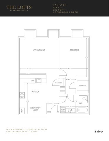 Floor plan for 1 bed, 1 bath, 925 sqft