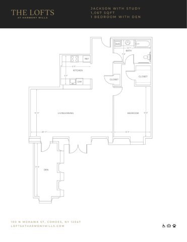 Floor plan for 1 bed, 1 bath, 1067 sqft