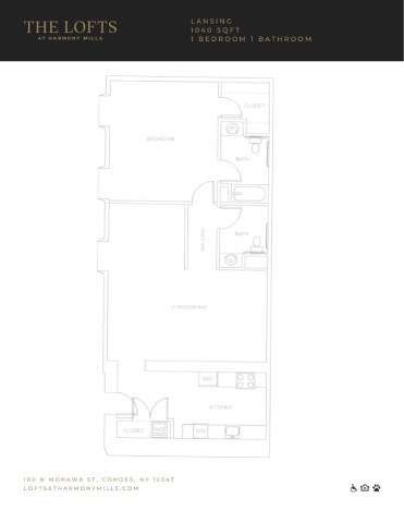 Floor plan for 1 bed, 1.5 baths, 1040 sqft