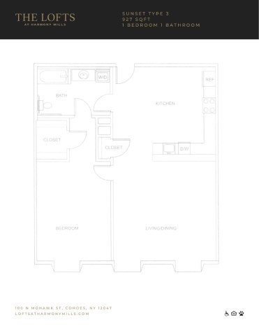 Floor plan for 1 bed, 1 bath, 927 sqft