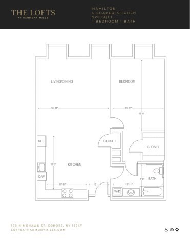 Floor plan for 1 bed, 1 bath, 925 sqft