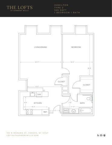 Floor plan for 1 bed, 1 bath, 925 sqft
