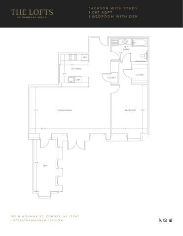 Floor plan for 1 bed, 1 bath, 1067 sqft