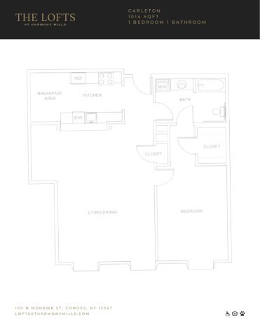 Floor plan for 1 bed, 1 bath, 1014 sqft