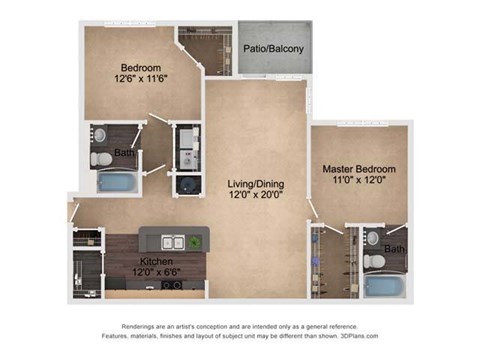 Floor plan for 2 beds, 2 baths, 1039 sqft