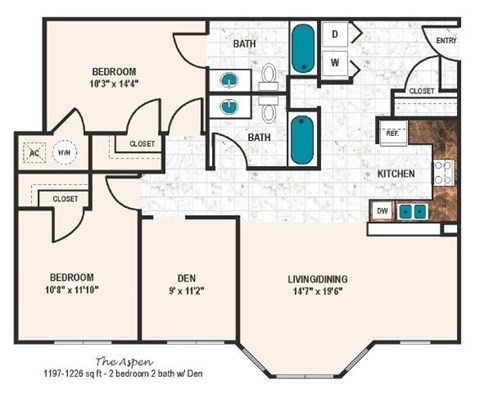 Floor plan for 2 beds, 2 baths, 1226 sqft
