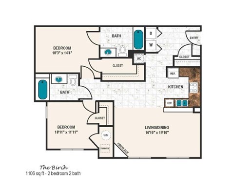 Floor plan for 2 beds, 2 baths, 1106 sqft