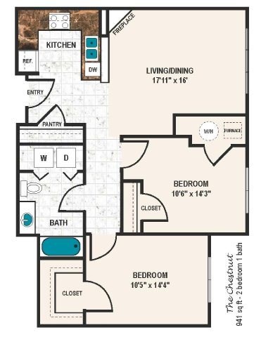 Floor plan for 2 beds, 1 bath, 941 sqft