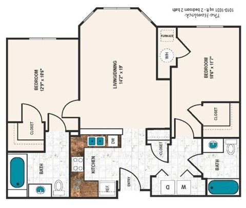 Floor plan for 2 beds, 2 baths, 1031 sqft