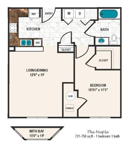 Floor plan for 1 bed, 1 bath, 759 sqft