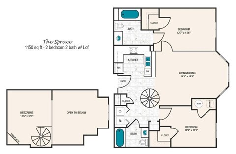 Floor plan for 2 beds, 2 baths, 1150 sqft