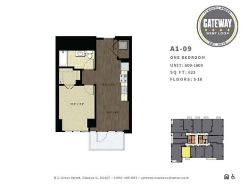 Floor plan for 1 bed, 1 bath, 623 sqft