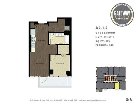 Floor plan for 1 bed, 1 bath, 669 sqft