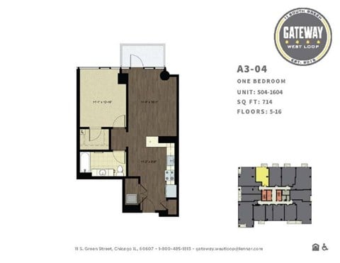 Floor plan for 1 bed, 1 bath, 714 sqft