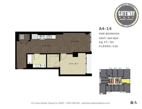 Floor plan for 1 bed, 1 bath, 747 sqft