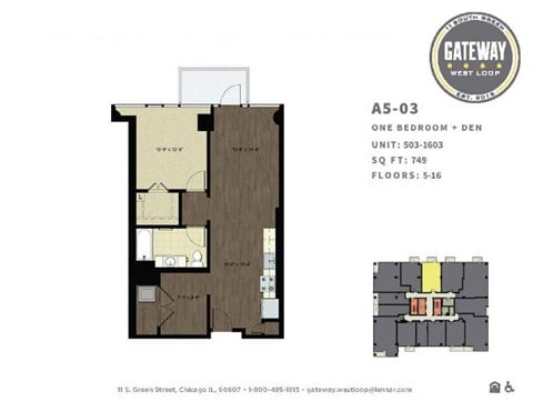 Floor plan for 1 bed, 1 bath, 749 sqft