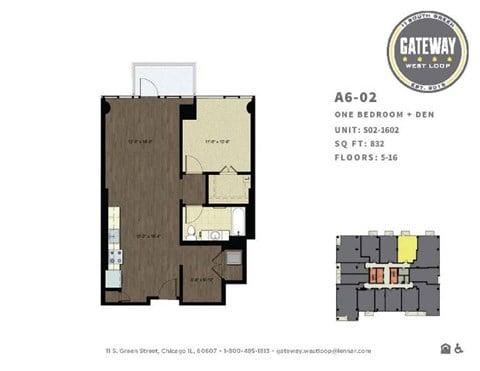 Floor plan for 1 bed, 1 bath, 832 sqft