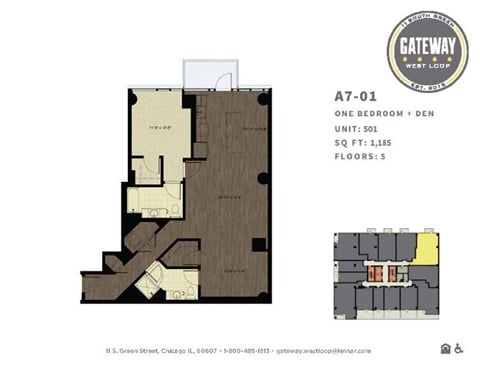 Floor plan for 1 bed, 1 bath, 1185 sqft