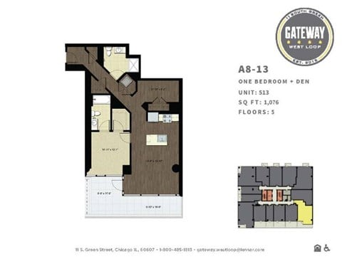 Floor plan for 1 bed, 1 bath, 1076 sqft