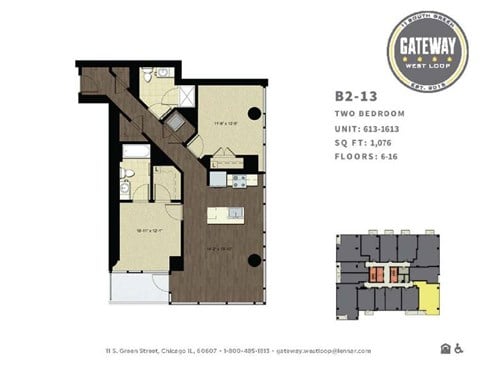 Floor plan for 2 beds, 2 baths, 1076 sqft