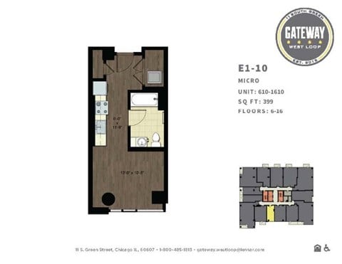 Floor plan for studio, 1 bath, 399 sqft