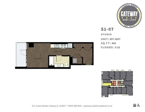 Floor plan for studio, 1 bath, 443 sqft