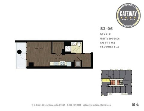 Floor plan for studio, 1 bath, 463 sqft