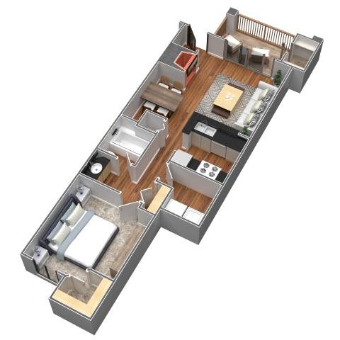 Floor plan for 1 bed, 1 bath, 677 sqft