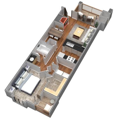 Floor plan for 1 bed, 1 bath, 696 sqft