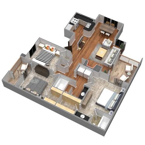 Floor plan for 3 beds, 2 baths, 1205 sqft