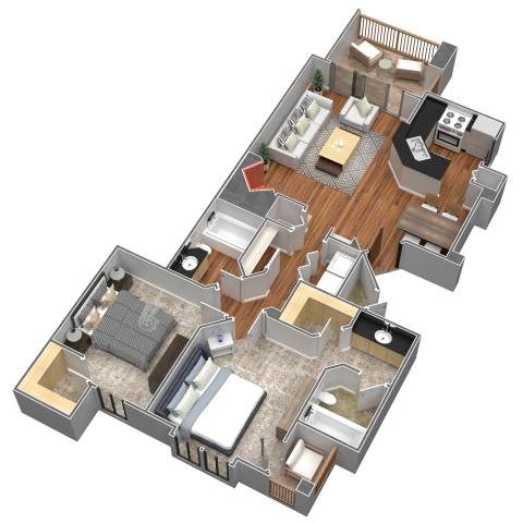 Floor plan for 2 beds, 2 baths, 992 sqft