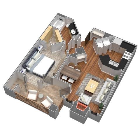 Floor plan for 1 bed, 1 bath, 720 sqft