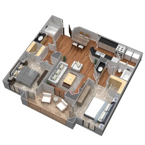 Floor plan for 2 beds, 2 baths, 1032 sqft