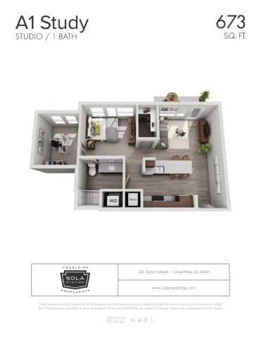 Floor plan for studio, 1 bath, 673 sqft